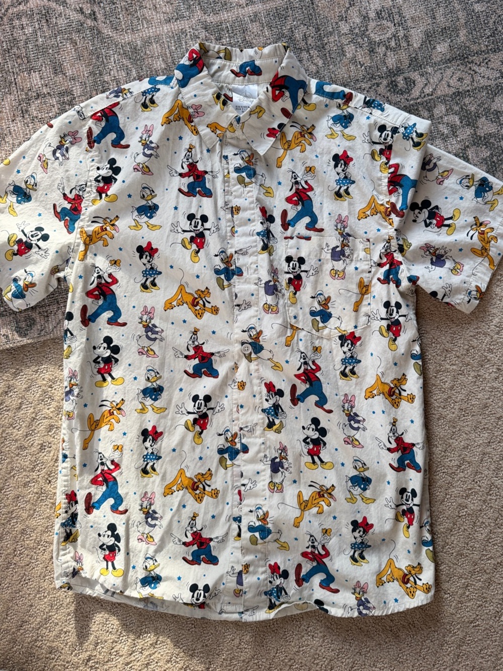 Disney Short-Sleeve Button-Down Shirt - White with Red, Blue, Yellow Characters